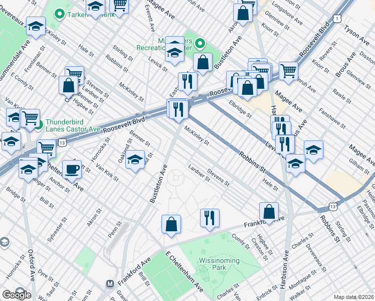 map of restaurants, bars, coffee shops, grocery stores, and more near 2013 Lardner Street in Philadelphia