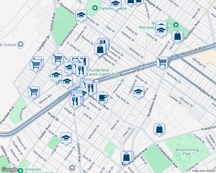 map of restaurants, bars, coffee shops, grocery stores, and more near 5901 Roosevelt Boulevard in Philadelphia