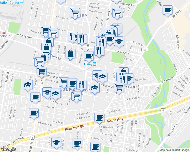 map of restaurants, bars, coffee shops, grocery stores, and more near 118 West Tabor Road in Philadelphia