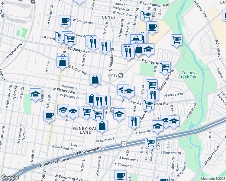 map of restaurants, bars, coffee shops, grocery stores, and more near 118 West Tabor Road in Philadelphia