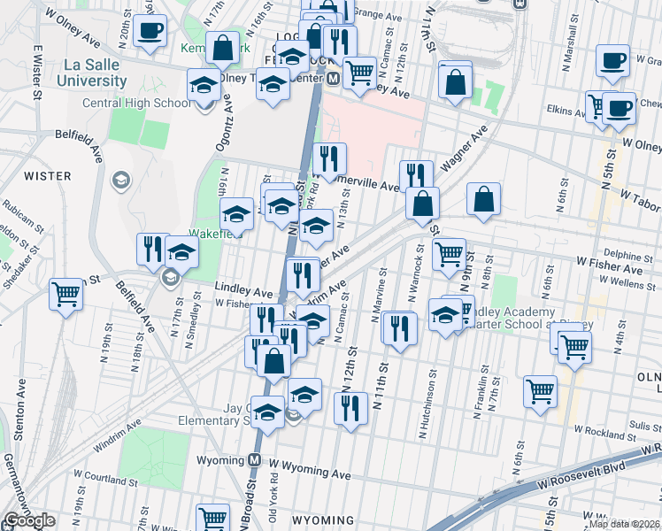 map of restaurants, bars, coffee shops, grocery stores, and more near 1250 Wagner Avenue in Philadelphia