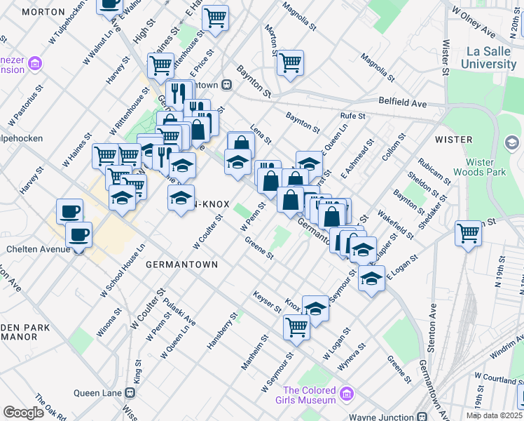 map of restaurants, bars, coffee shops, grocery stores, and more near 1 Penn Court in Philadelphia