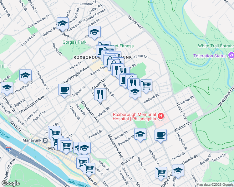 map of restaurants, bars, coffee shops, grocery stores, and more near 450 Lyceum Avenue in Philadelphia