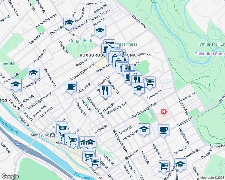 map of restaurants, bars, coffee shops, grocery stores, and more near 450 Lyceum Avenue in Philadelphia