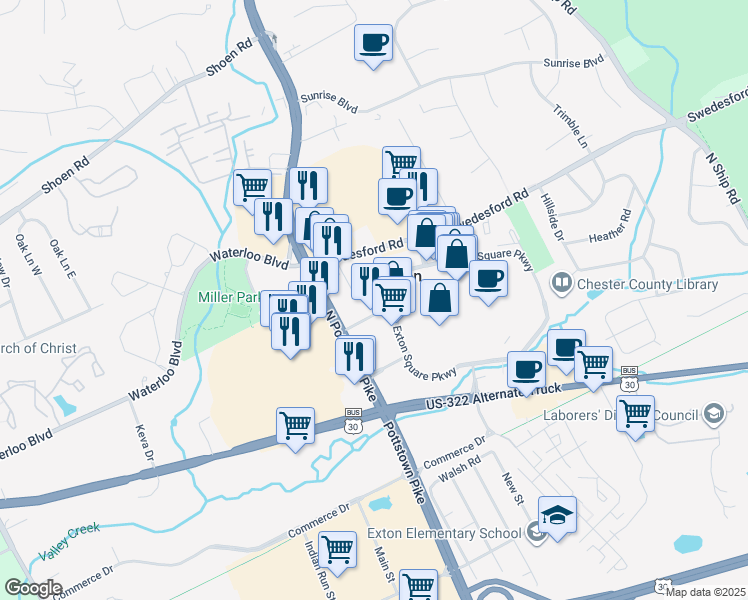 map of restaurants, bars, coffee shops, grocery stores, and more near in Exton