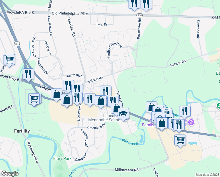 map of restaurants, bars, coffee shops, grocery stores, and more near 42 Harvest Road in Lancaster