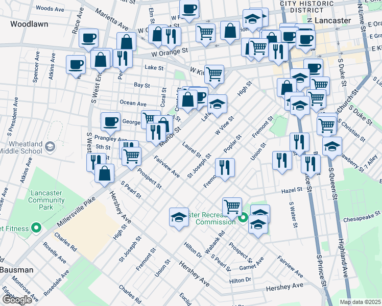 map of restaurants, bars, coffee shops, grocery stores, and more near 679 West Vine Street in Lancaster