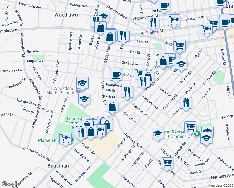 map of restaurants, bars, coffee shops, grocery stores, and more near 818 5th Street in Lancaster
