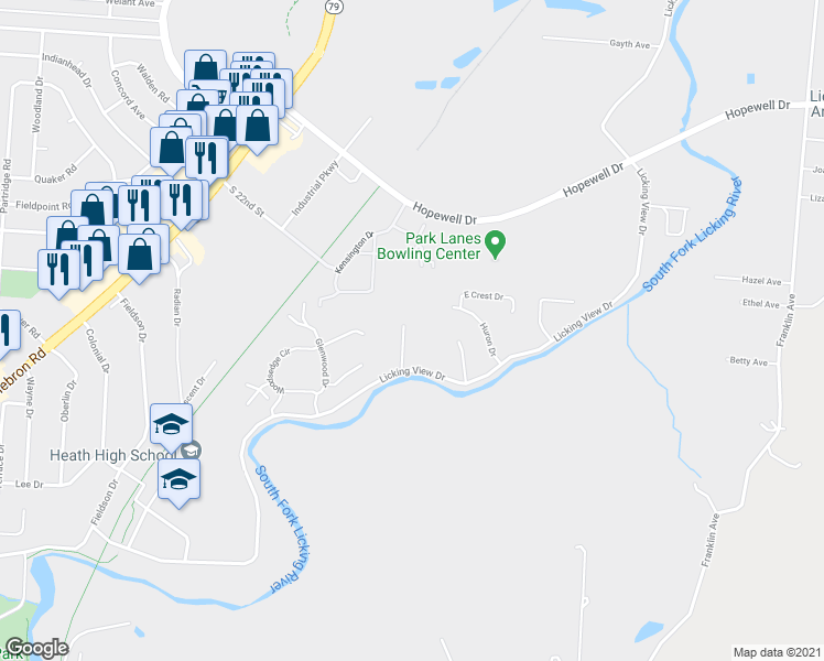 map of restaurants, bars, coffee shops, grocery stores, and more near 537 Huron Drive West in Heath