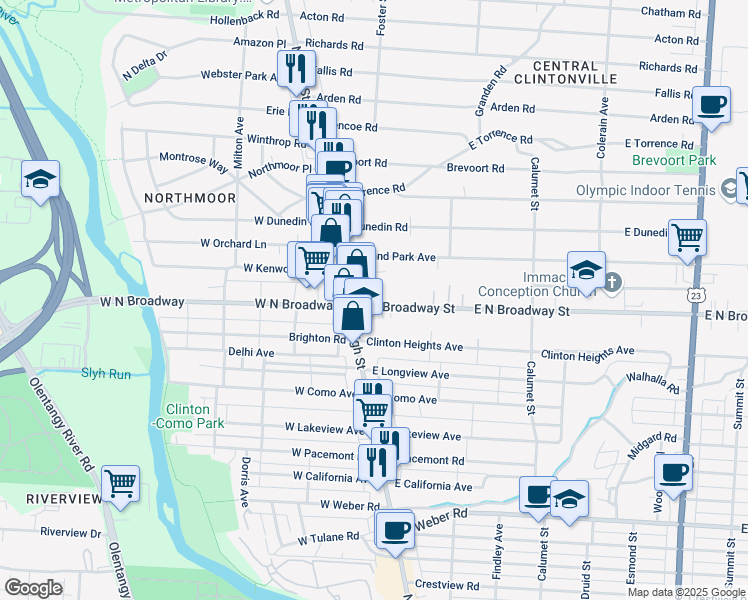map of restaurants, bars, coffee shops, grocery stores, and more near 48 East North Broadway Street in Columbus