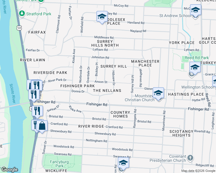 map of restaurants, bars, coffee shops, grocery stores, and more near 2420 Donna Drive in Columbus