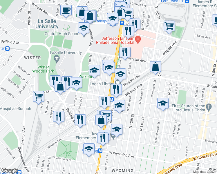 map of restaurants, bars, coffee shops, grocery stores, and more near 5130 North Broad Street in Philadelphia