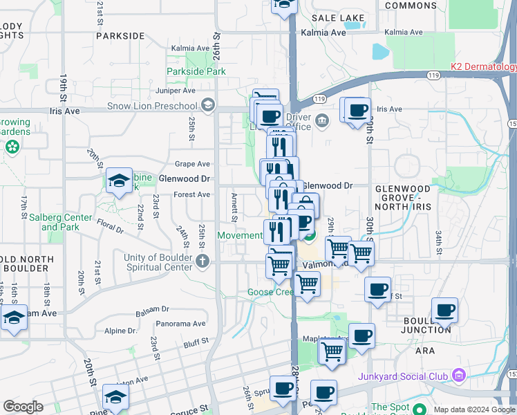 map of restaurants, bars, coffee shops, grocery stores, and more near 3153 Eastwood Court in Boulder