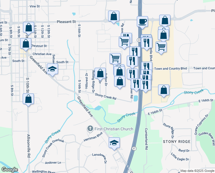 map of restaurants, bars, coffee shops, grocery stores, and more near 16700 Aulton Drive in Noblesville