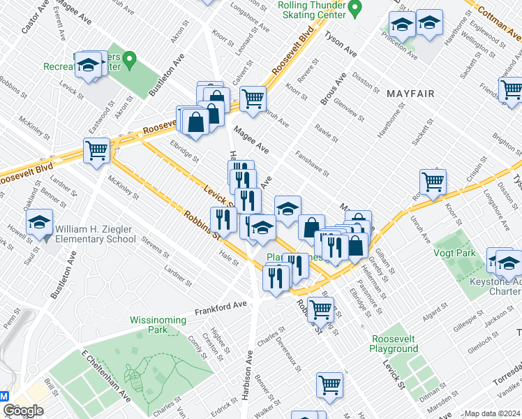 map of restaurants, bars, coffee shops, grocery stores, and more near 2917 Elbridge Street in Philadelphia