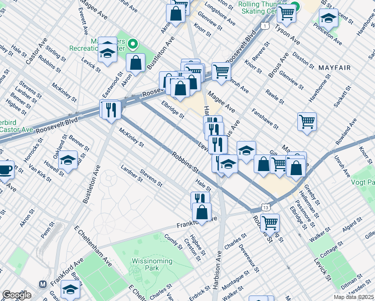 map of restaurants, bars, coffee shops, grocery stores, and more near 6327 Revere Street in Philadelphia