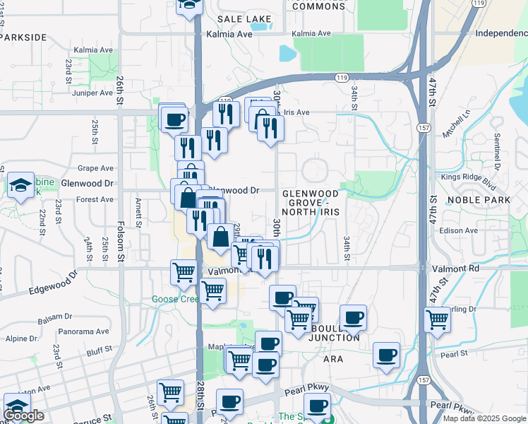 map of restaurants, bars, coffee shops, grocery stores, and more near 2930 Glenwood Drive in Boulder