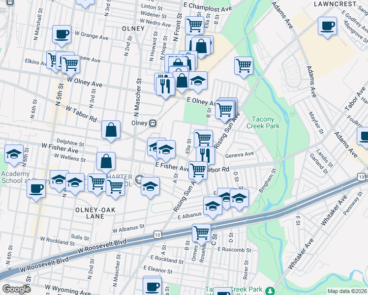 map of restaurants, bars, coffee shops, grocery stores, and more near 5400 Ella Street in Philadelphia