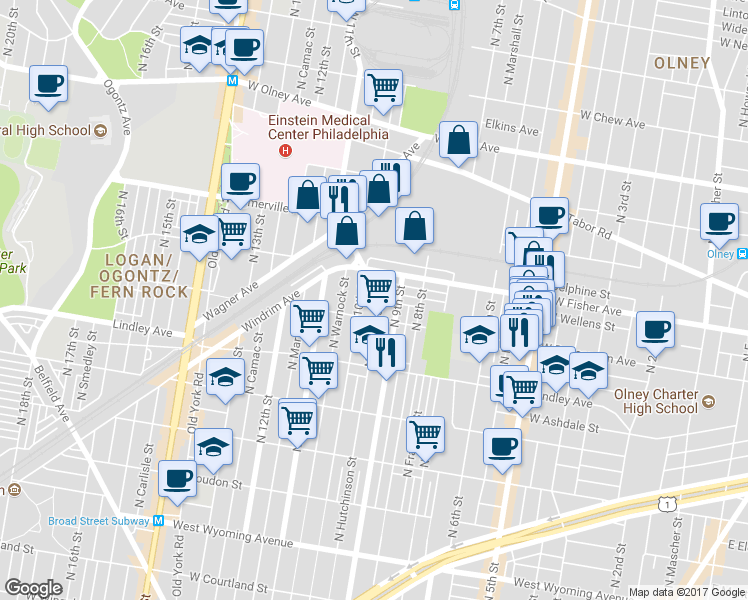 map of restaurants, bars, coffee shops, grocery stores, and more near 5226 North Hutchinson Street in Philadelphia