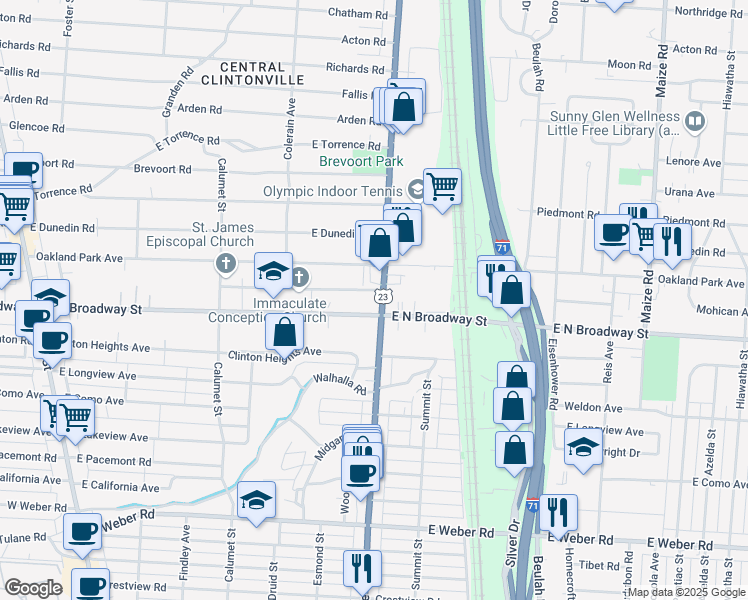map of restaurants, bars, coffee shops, grocery stores, and more near 515 Oakland Park Avenue in Columbus