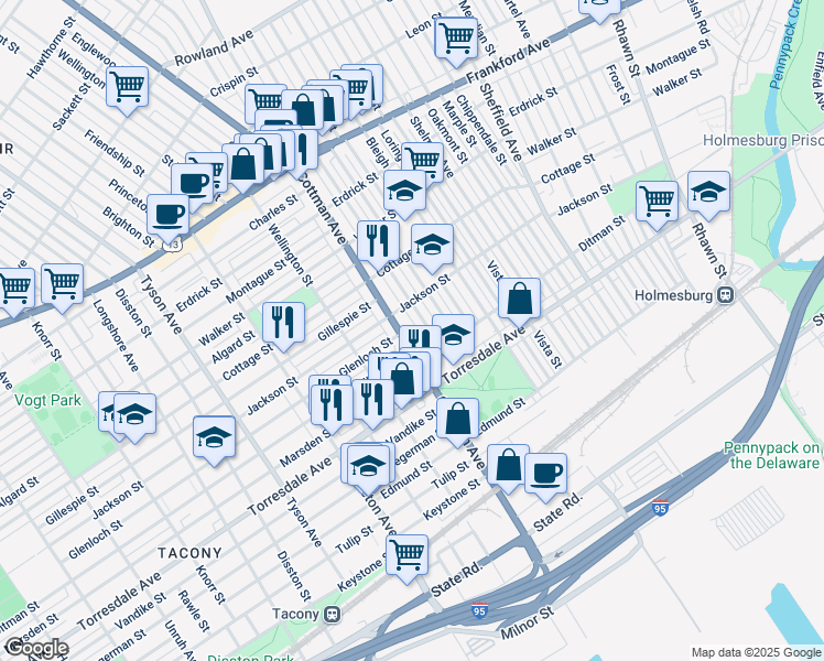 map of restaurants, bars, coffee shops, grocery stores, and more near 4531 Cottman Avenue in Philadelphia
