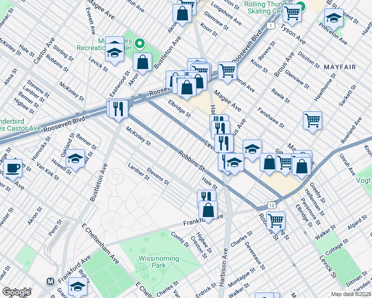 map of restaurants, bars, coffee shops, grocery stores, and more near 6312 Revere Street in Philadelphia