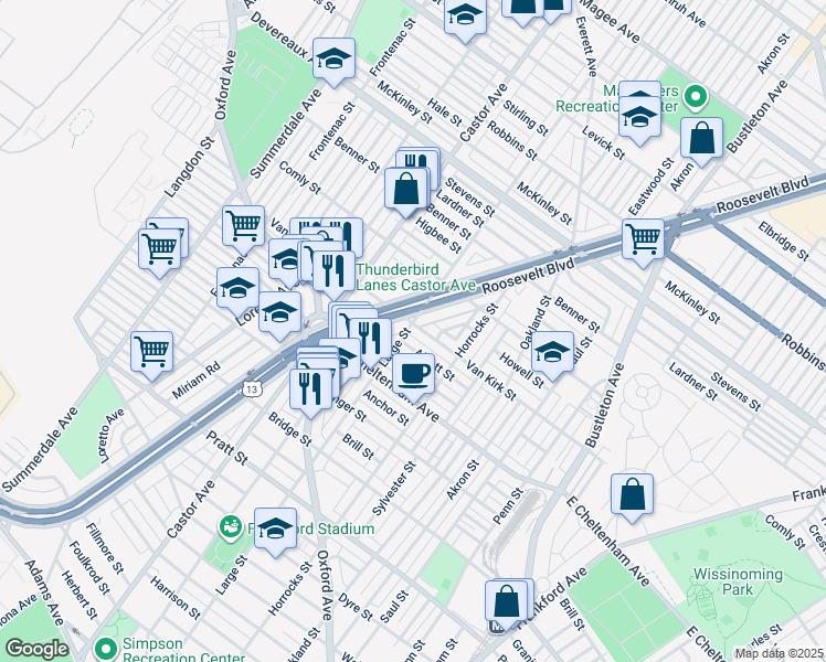 map of restaurants, bars, coffee shops, grocery stores, and more near 1402 Van Kirk Street in Philadelphia