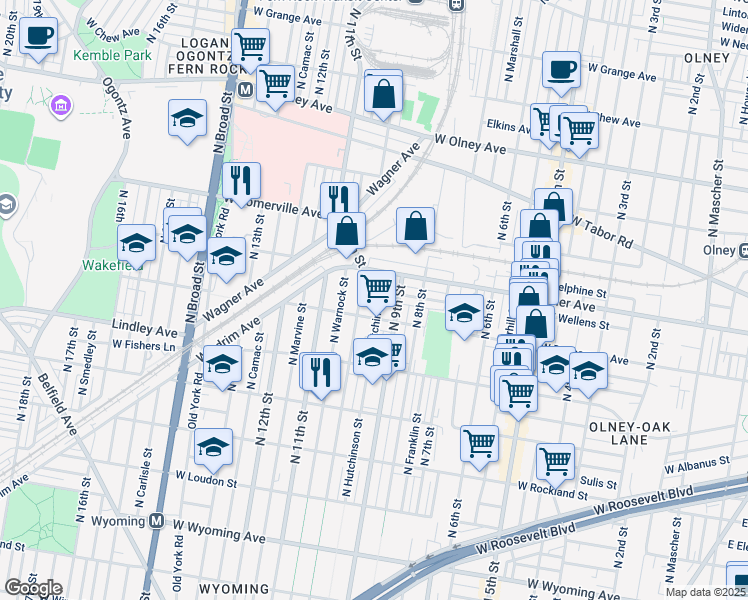 map of restaurants, bars, coffee shops, grocery stores, and more near 5226 North Hutchinson Street in Philadelphia