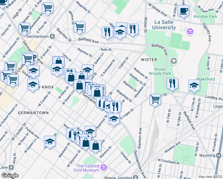 map of restaurants, bars, coffee shops, grocery stores, and more near 91 East Wister Street in Philadelphia