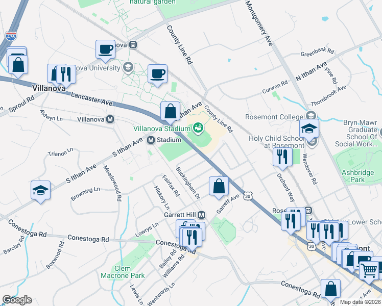 map of restaurants, bars, coffee shops, grocery stores, and more near 4 Barley Cone Lane in Bryn Mawr