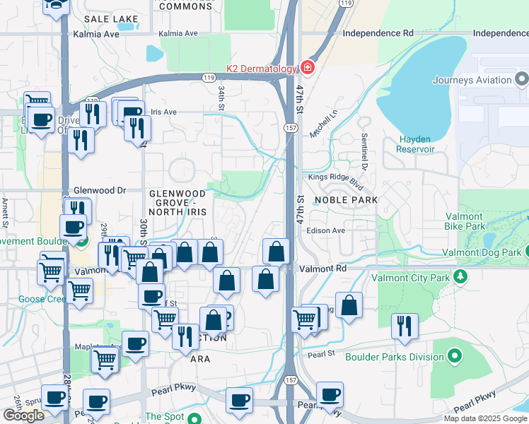 map of restaurants, bars, coffee shops, grocery stores, and more near 3085 Center Green Drive in Boulder