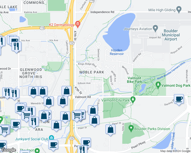 map of restaurants, bars, coffee shops, grocery stores, and more near 4854 Franklin Drive in Boulder