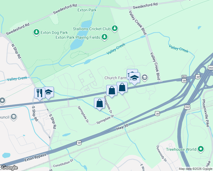 map of restaurants, bars, coffee shops, grocery stores, and more near 211 Enpielle Lane in Exton