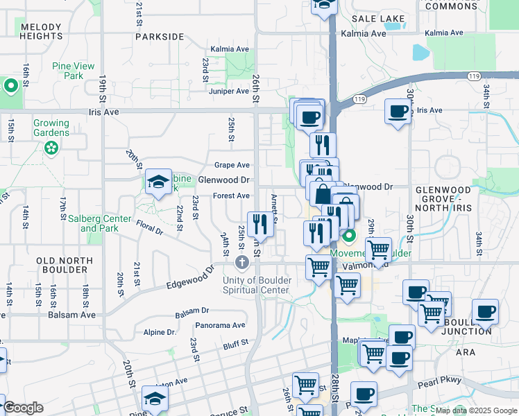 map of restaurants, bars, coffee shops, grocery stores, and more near 3132 Folsom Street in Boulder