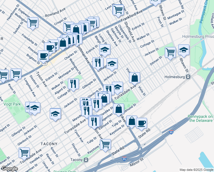 map of restaurants, bars, coffee shops, grocery stores, and more near 4531 Cottman Avenue in Philadelphia