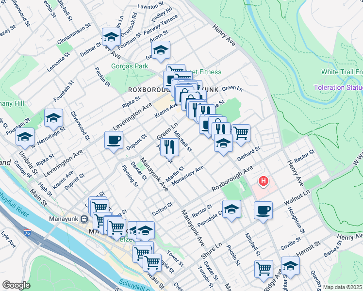 map of restaurants, bars, coffee shops, grocery stores, and more near 438 Lyceum Avenue in Philadelphia