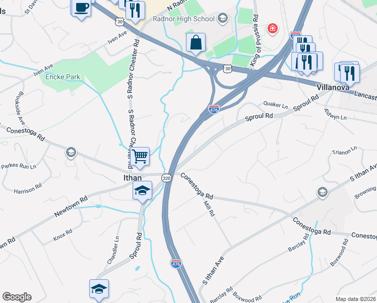 map of restaurants, bars, coffee shops, grocery stores, and more near 230 Sproul Road in Villanova