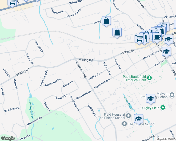 map of restaurants, bars, coffee shops, grocery stores, and more near 1808 Raintree Lane in Malvern