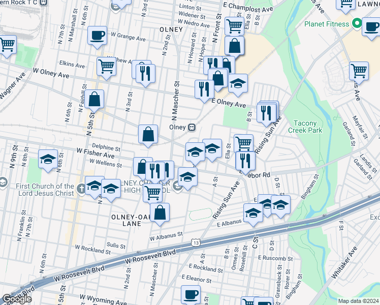 map of restaurants, bars, coffee shops, grocery stores, and more near 110 West Tabor Road in Philadelphia