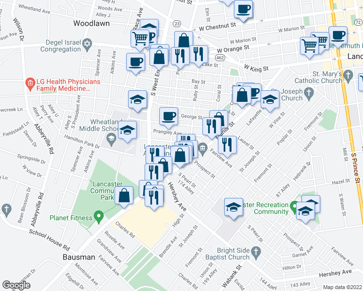 map of restaurants, bars, coffee shops, grocery stores, and more near 724 5th Street in Lancaster