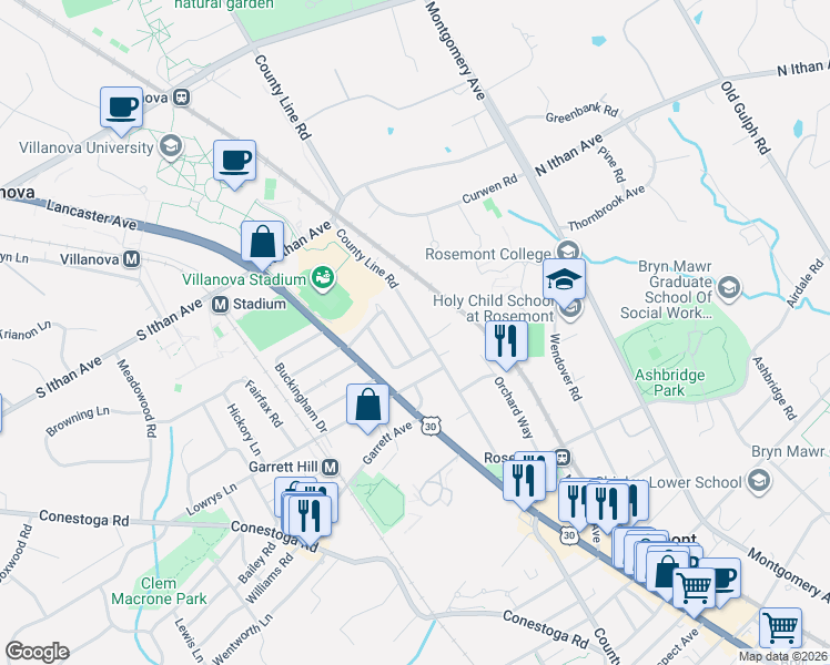 map of restaurants, bars, coffee shops, grocery stores, and more near 1512 County Line Road in Bryn Mawr