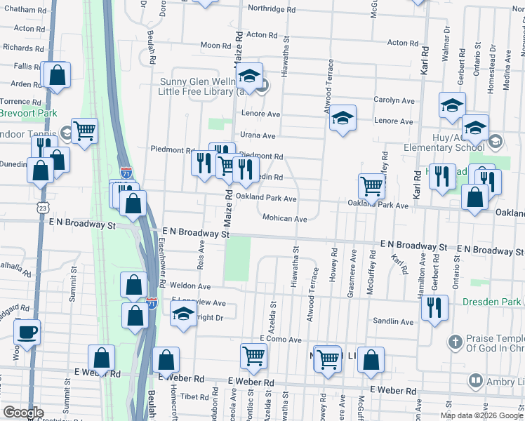 map of restaurants, bars, coffee shops, grocery stores, and more near 3250 Osceola Drive in Columbus