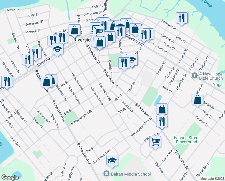 map of restaurants, bars, coffee shops, grocery stores, and more near in Riverside