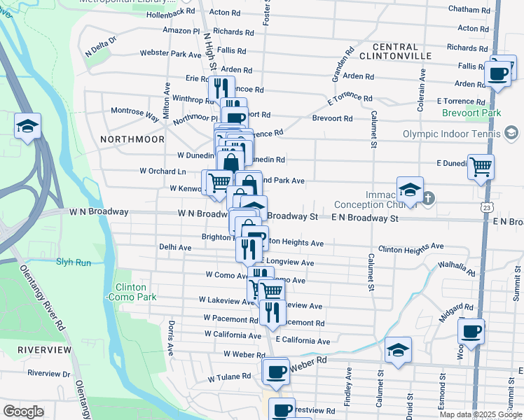map of restaurants, bars, coffee shops, grocery stores, and more near 48 East North Broadway Street in Columbus