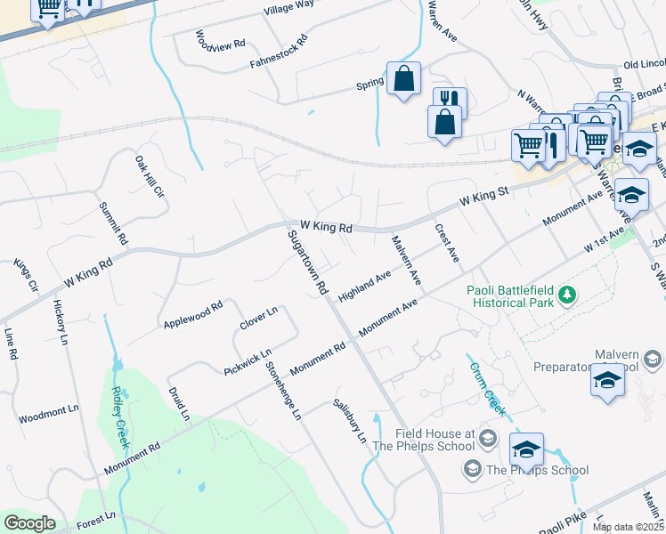 map of restaurants, bars, coffee shops, grocery stores, and more near 1402 Raintree Lane in Malvern