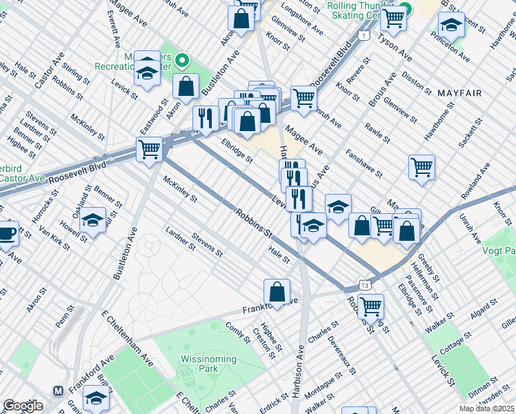 map of restaurants, bars, coffee shops, grocery stores, and more near 6327 Revere Street in Philadelphia