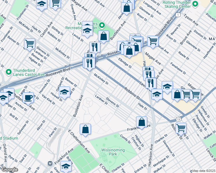 map of restaurants, bars, coffee shops, grocery stores, and more near 2126 McKinley Street in Philadelphia