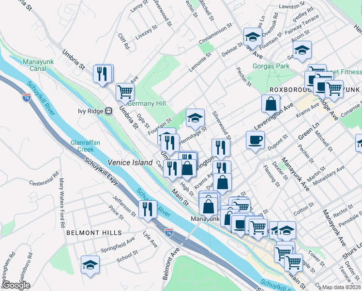 map of restaurants, bars, coffee shops, grocery stores, and more near 210 Hermitage Street in Philadelphia