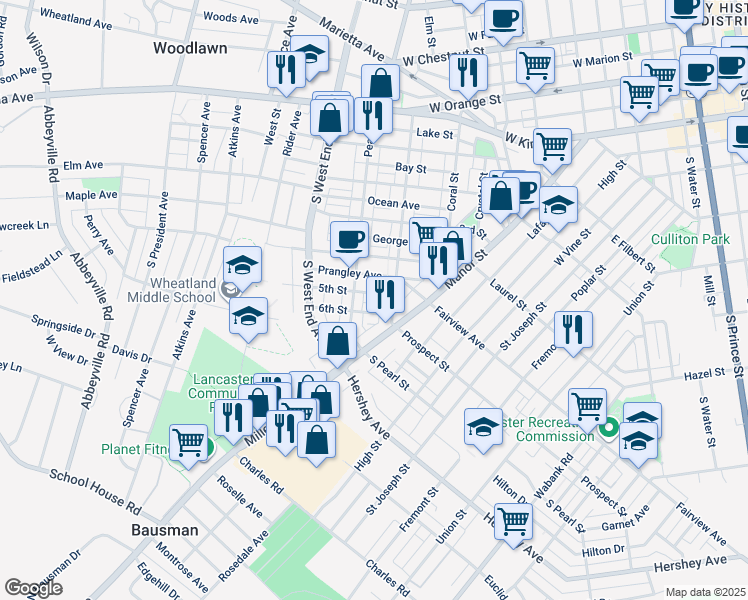 map of restaurants, bars, coffee shops, grocery stores, and more near 728 5th Street in Lancaster
