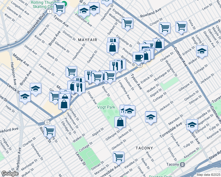 map of restaurants, bars, coffee shops, grocery stores, and more near 4100 Glenview Street in Philadelphia
